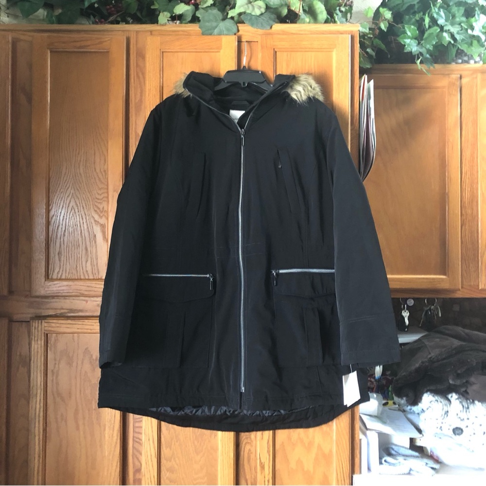 NWT Croft & Barrow Woman Black Winter Parka Coat Faux Fur Trim - 1X - Picture 2 of 15